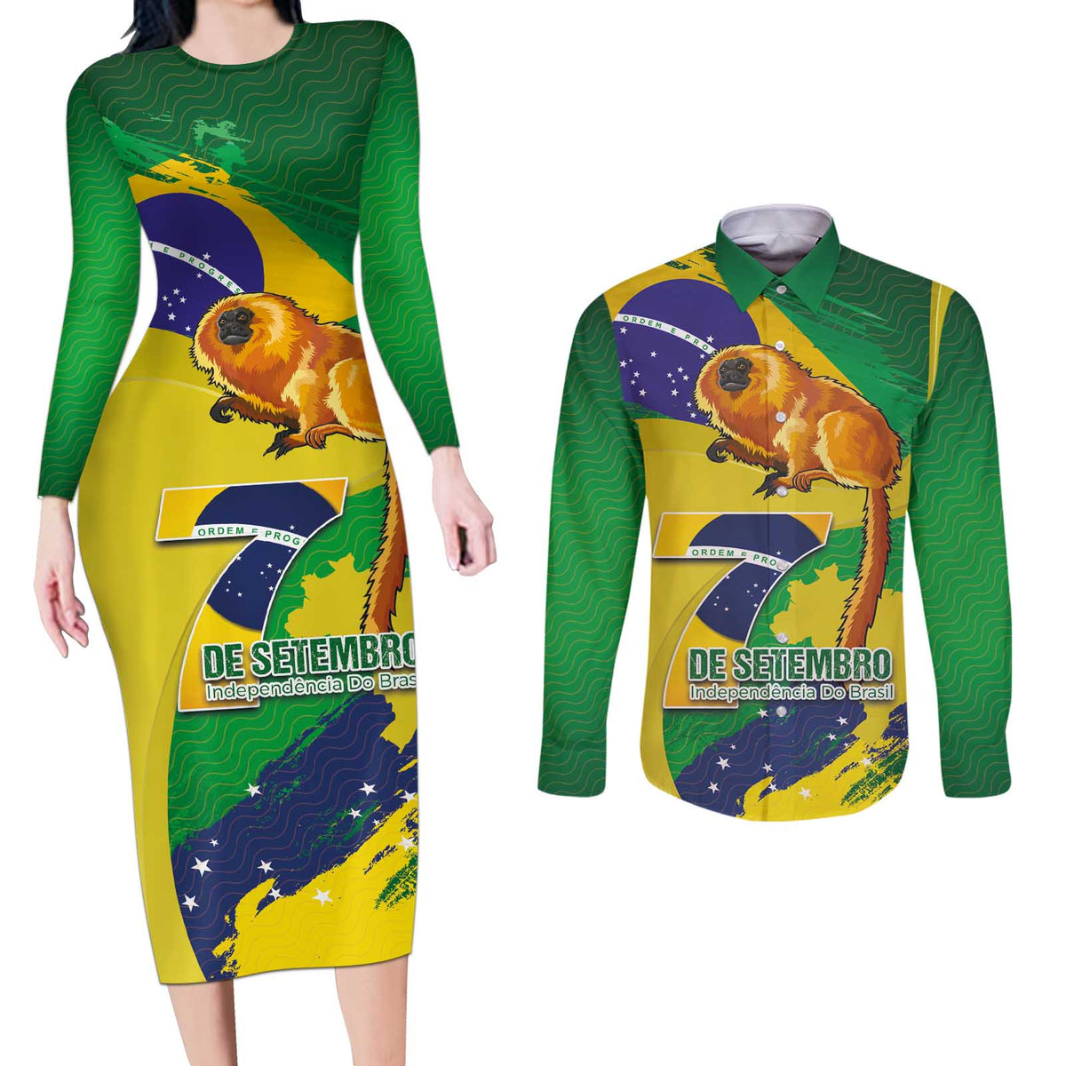 Brazil Independence Day Couples Matching Long Sleeve Bodycon Dress and Long Sleeve Button Shirt Sete de Setembro and Golden Lion Tamarin - Wonder Print Shop