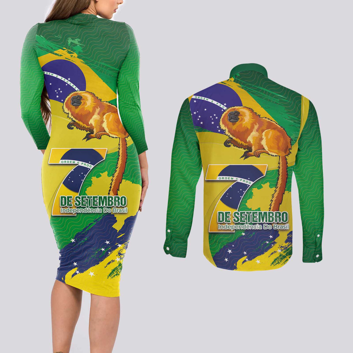 Brazil Independence Day Couples Matching Long Sleeve Bodycon Dress and Long Sleeve Button Shirt Sete de Setembro and Golden Lion Tamarin - Wonder Print Shop