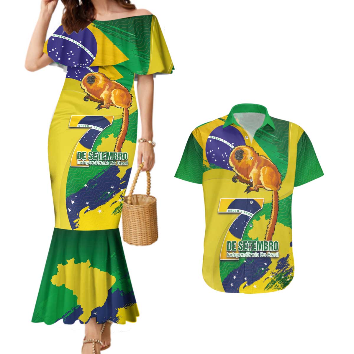Brazil Independence Day Couples Matching Mermaid Dress and Hawaiian Shirt Sete de Setembro and Golden Lion Tamarin - Wonder Print Shop