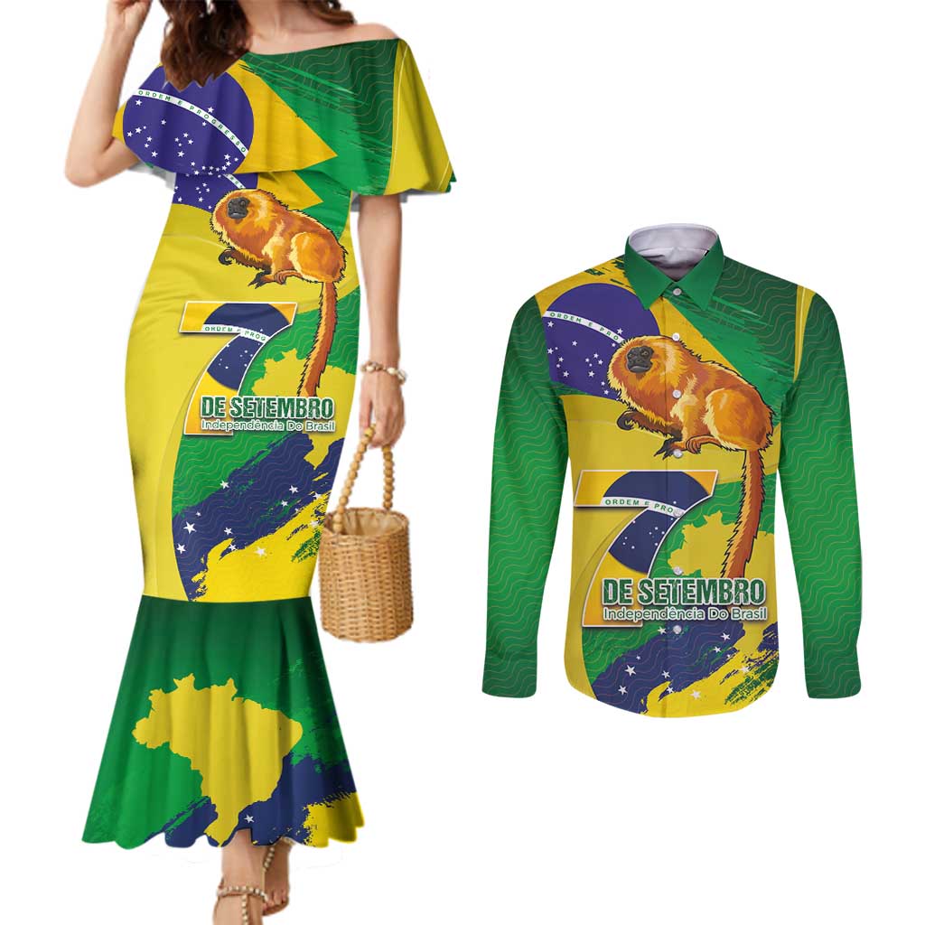 Brazil Independence Day Couples Matching Mermaid Dress and Long Sleeve Button Shirt Sete de Setembro and Golden Lion Tamarin