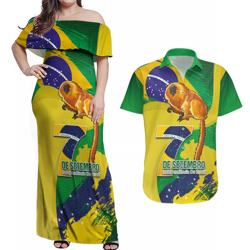 Brazil Independence Day Couples Matching Off Shoulder Maxi Dress and Hawaiian Shirt Sete de Setembro and Golden Lion Tamarin - Wonder Print Shop
