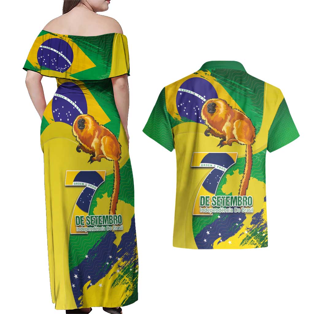 Brazil Independence Day Couples Matching Off Shoulder Maxi Dress and Hawaiian Shirt Sete de Setembro and Golden Lion Tamarin - Wonder Print Shop