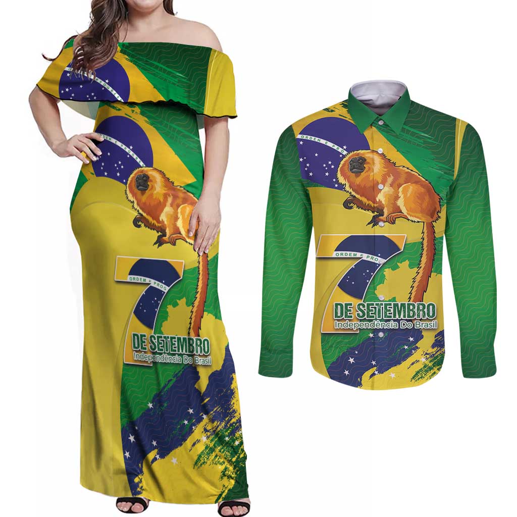 Brazil Independence Day Couples Matching Off Shoulder Maxi Dress and Long Sleeve Button Shirt Sete de Setembro and Golden Lion Tamarin - Wonder Print Shop