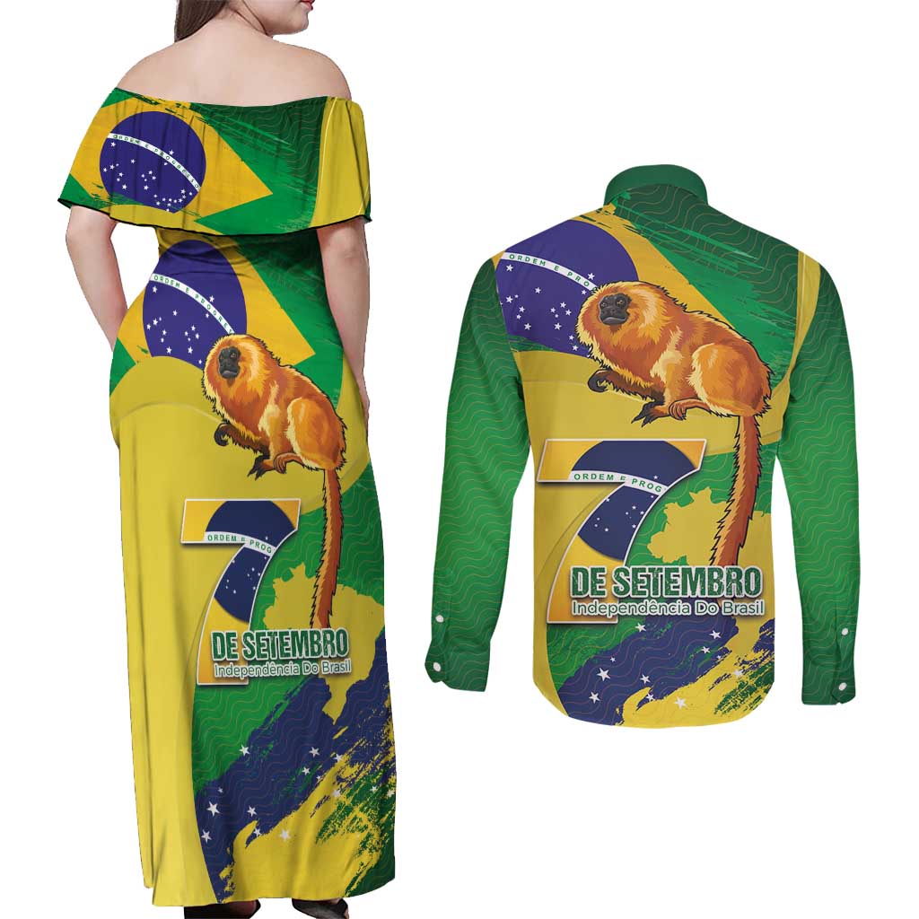 Brazil Independence Day Couples Matching Off Shoulder Maxi Dress and Long Sleeve Button Shirt Sete de Setembro and Golden Lion Tamarin - Wonder Print Shop