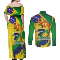 Brazil Independence Day Couples Matching Off Shoulder Maxi Dress and Long Sleeve Button Shirt Sete de Setembro and Golden Lion Tamarin - Wonder Print Shop