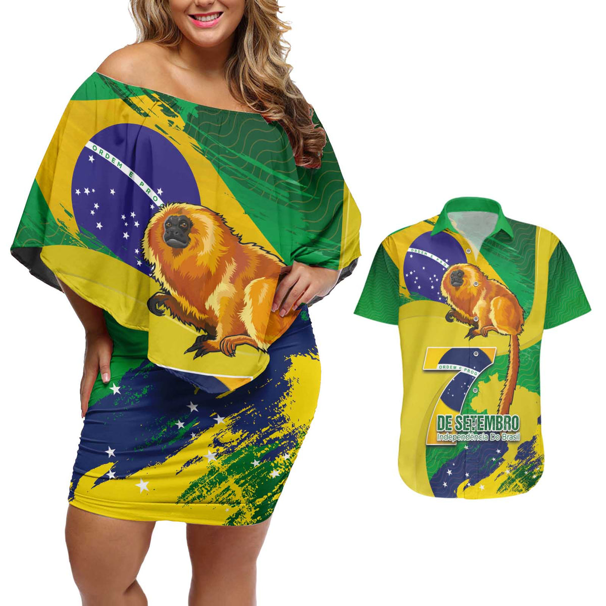 Brazil Independence Day Couples Matching Off Shoulder Short Dress and Hawaiian Shirt Sete de Setembro and Golden Lion Tamarin - Wonder Print Shop