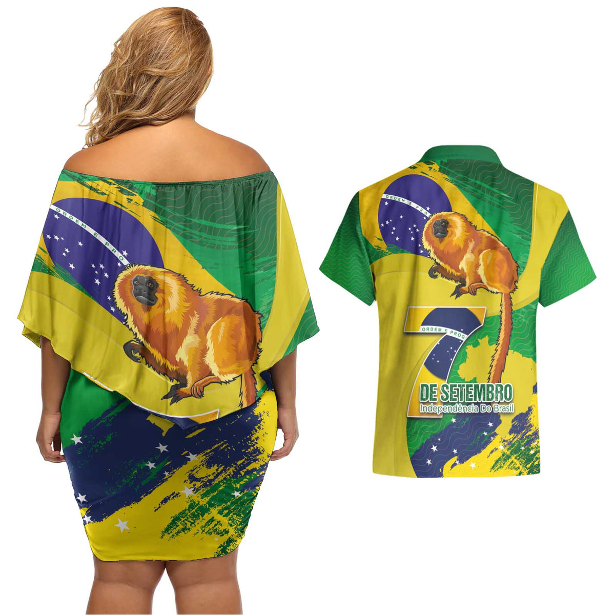Brazil Independence Day Couples Matching Off Shoulder Short Dress and Hawaiian Shirt Sete de Setembro and Golden Lion Tamarin - Wonder Print Shop