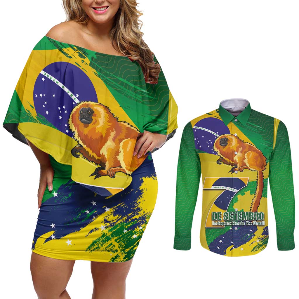 Brazil Independence Day Couples Matching Off Shoulder Short Dress and Long Sleeve Button Shirt Sete de Setembro and Golden Lion Tamarin - Wonder Print Shop