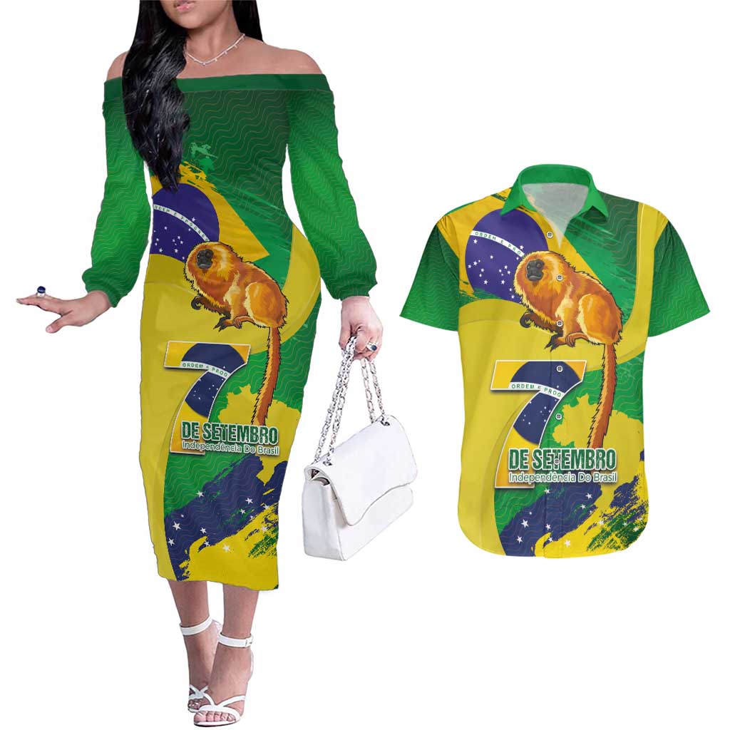 Brazil Independence Day Couples Matching Off The Shoulder Long Sleeve Dress and Hawaiian Shirt Sete de Setembro and Golden Lion Tamarin - Wonder Print Shop