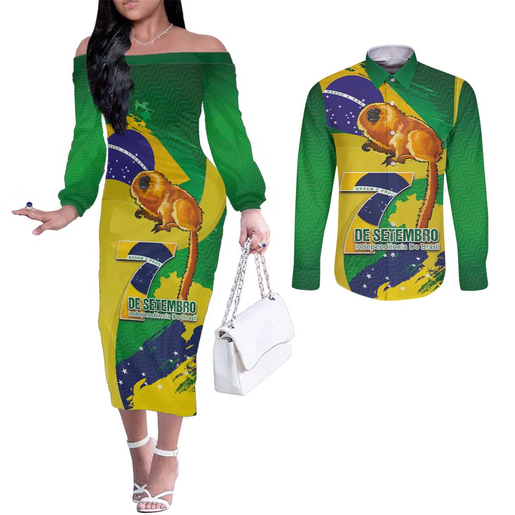 Brazil Independence Day Couples Matching Off The Shoulder Long Sleeve Dress and Long Sleeve Button Shirt Sete de Setembro and Golden Lion Tamarin