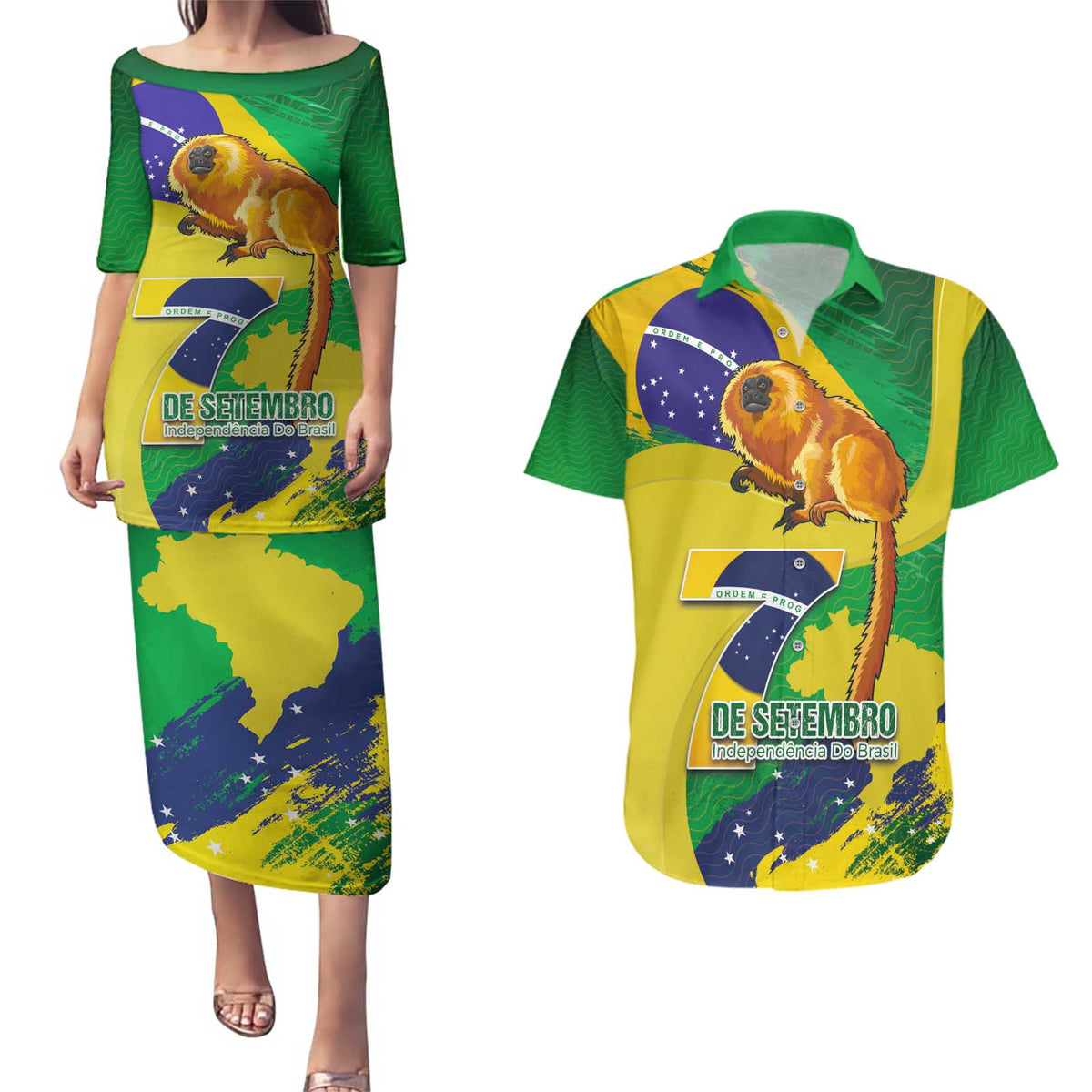 Brazil Independence Day Couples Matching Puletasi and Hawaiian Shirt Sete de Setembro and Golden Lion Tamarin - Wonder Print Shop