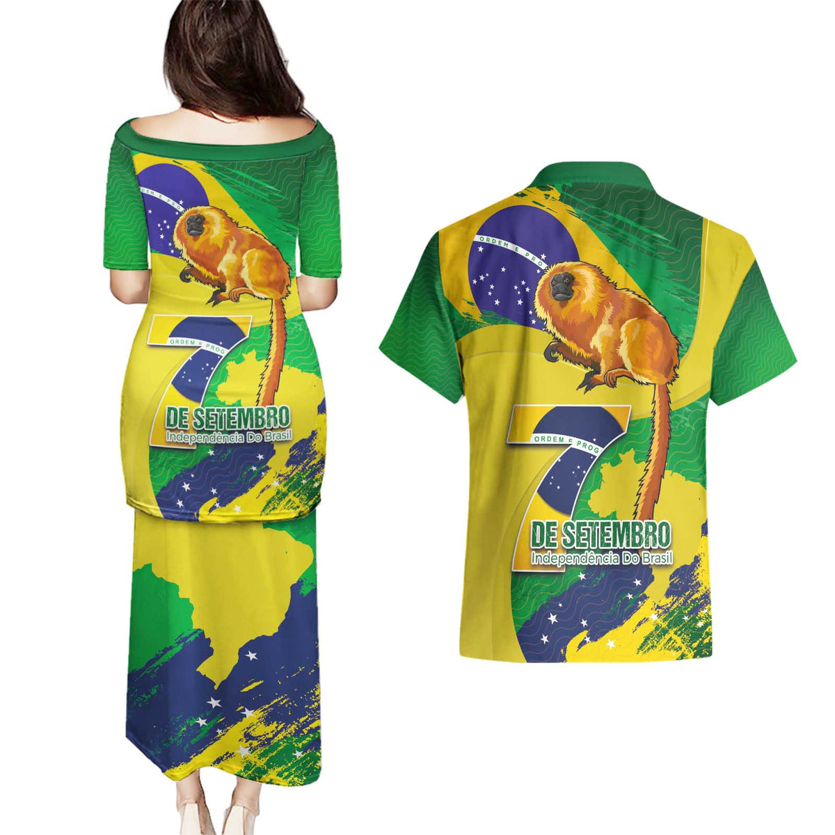Brazil Independence Day Couples Matching Puletasi and Hawaiian Shirt Sete de Setembro and Golden Lion Tamarin - Wonder Print Shop