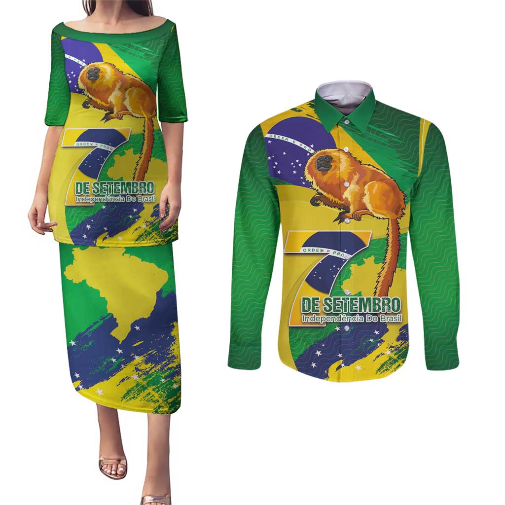 Brazil Independence Day Couples Matching Puletasi and Long Sleeve Button Shirt Sete de Setembro and Golden Lion Tamarin - Wonder Print Shop