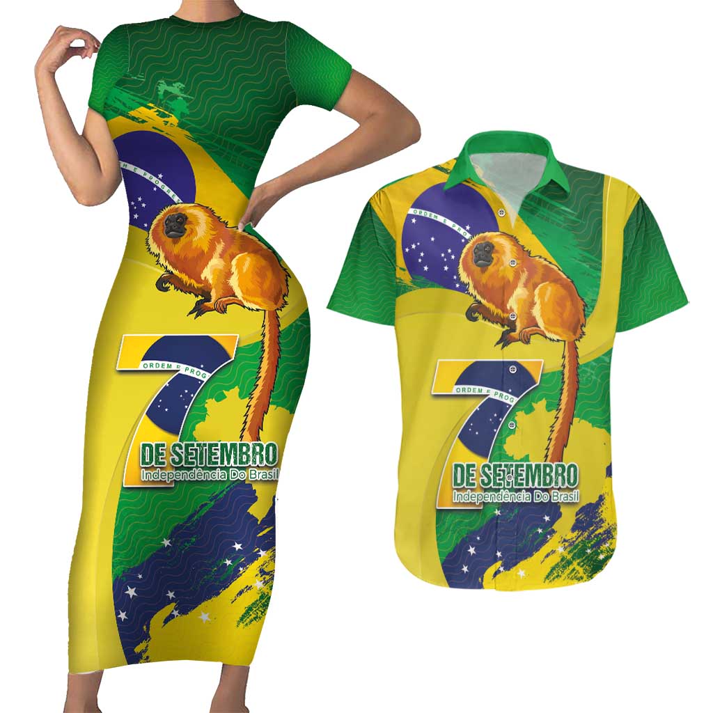 Brazil Independence Day Couples Matching Short Sleeve Bodycon Dress and Hawaiian Shirt Sete de Setembro and Golden Lion Tamarin - Wonder Print Shop