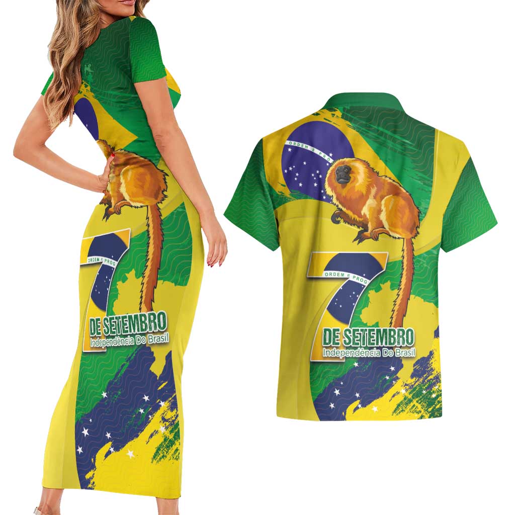 Brazil Independence Day Couples Matching Short Sleeve Bodycon Dress and Hawaiian Shirt Sete de Setembro and Golden Lion Tamarin - Wonder Print Shop