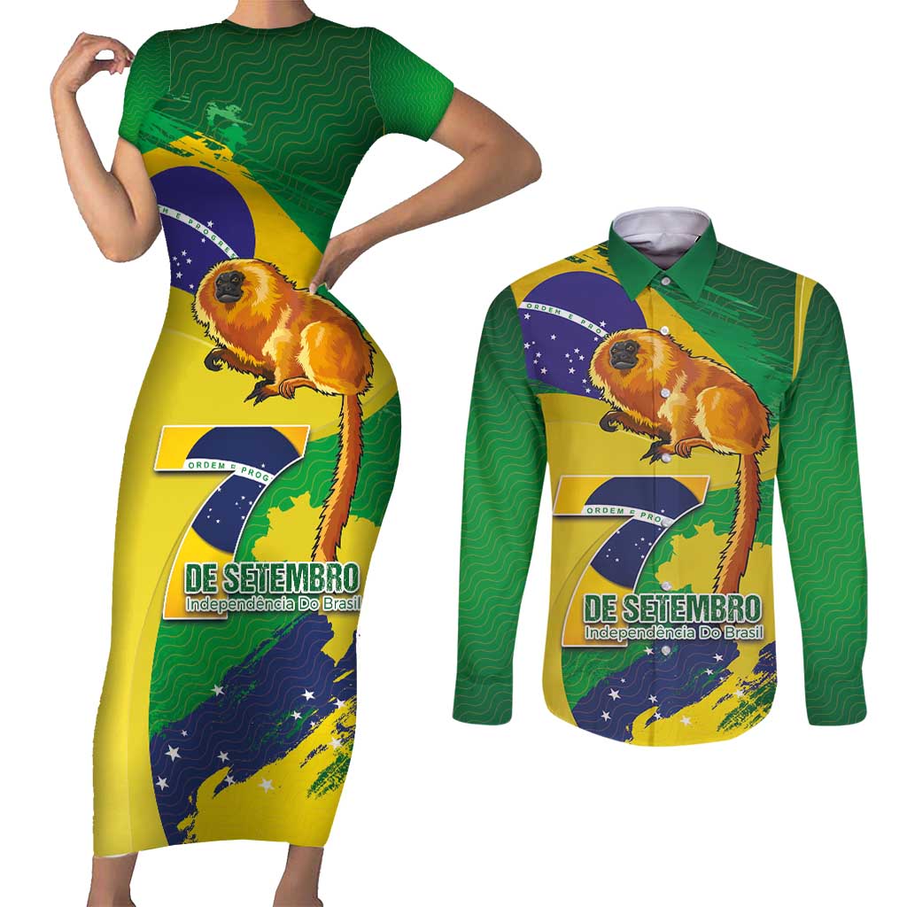 Brazil Independence Day Couples Matching Short Sleeve Bodycon Dress and Long Sleeve Button Shirt Sete de Setembro and Golden Lion Tamarin - Wonder Print Shop