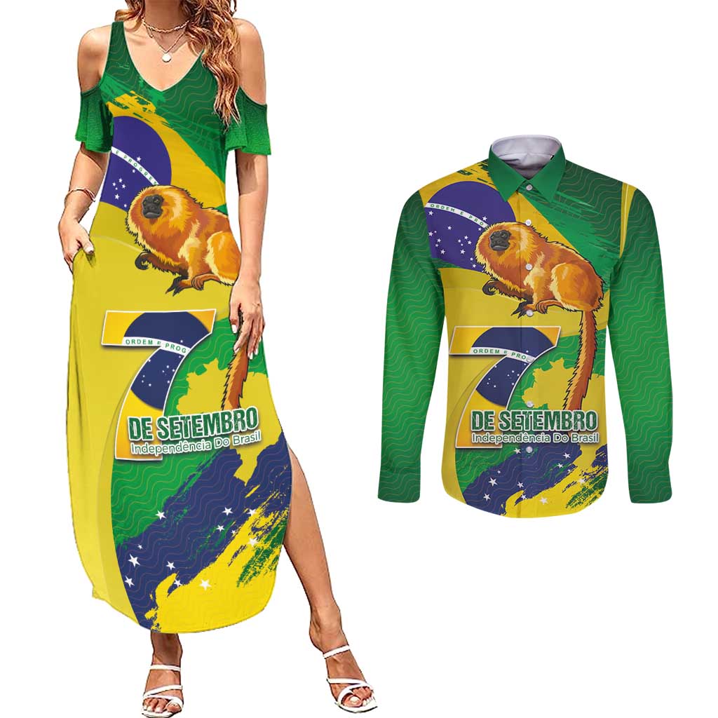 Brazil Independence Day Couples Matching Summer Maxi Dress and Long Sleeve Button Shirt Sete de Setembro and Golden Lion Tamarin - Wonder Print Shop
