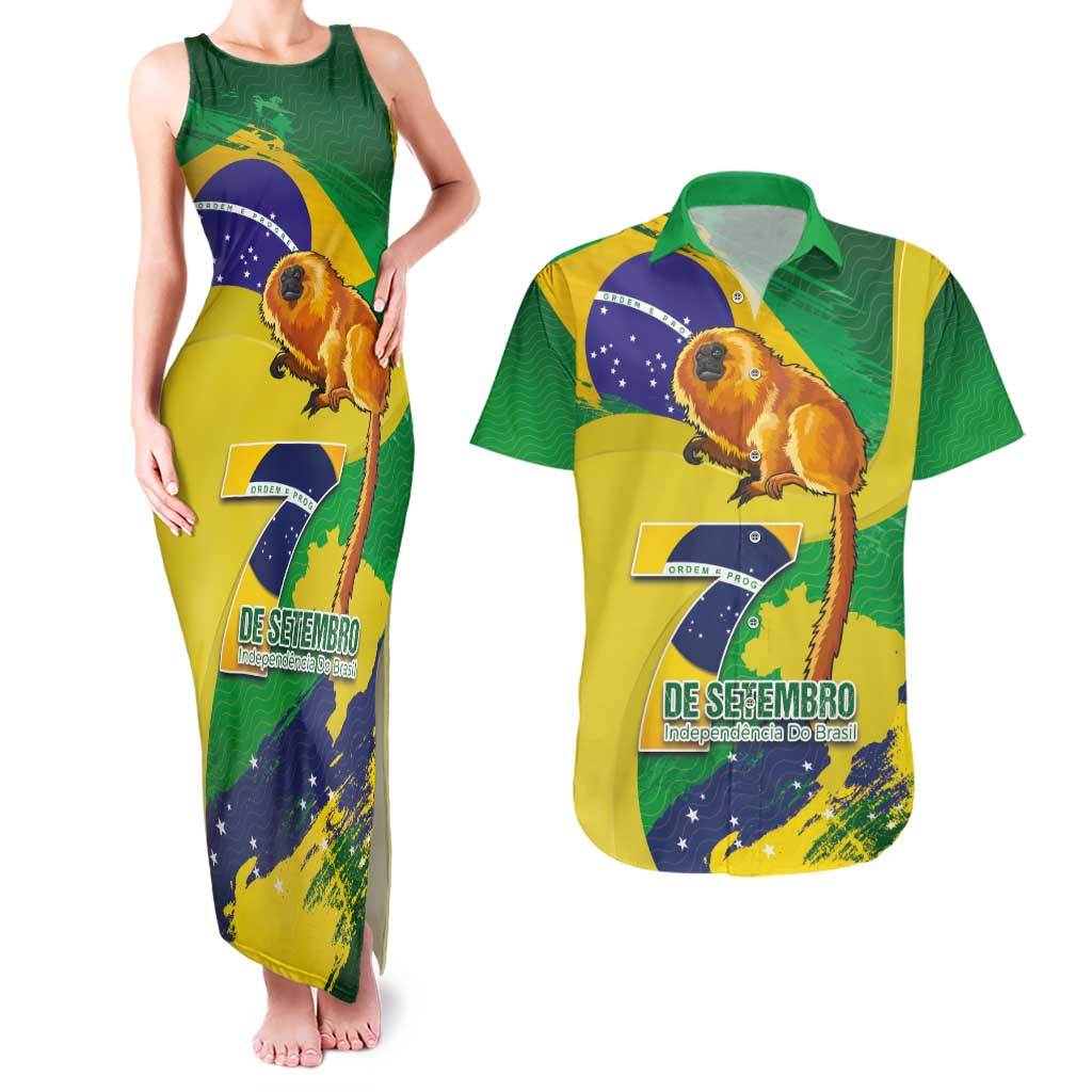 Brazil Independence Day Couples Matching Tank Maxi Dress and Hawaiian Shirt Sete de Setembro and Golden Lion Tamarin - Wonder Print Shop
