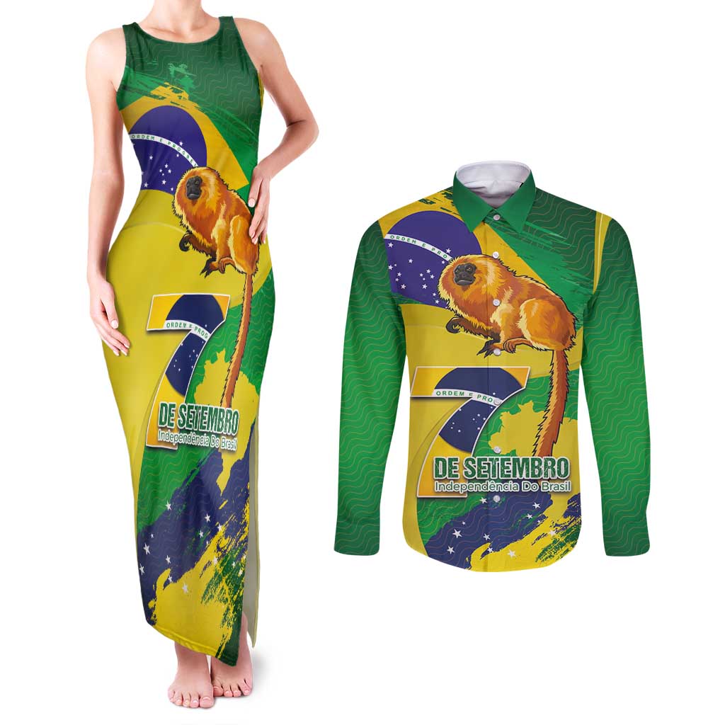 Brazil Independence Day Couples Matching Tank Maxi Dress and Long Sleeve Button Shirt Sete de Setembro and Golden Lion Tamarin - Wonder Print Shop