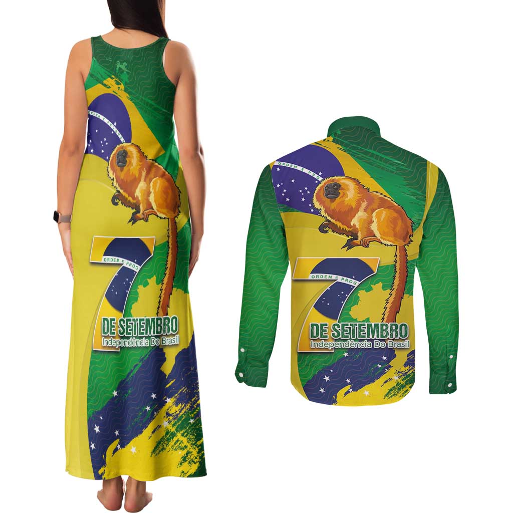 Brazil Independence Day Couples Matching Tank Maxi Dress and Long Sleeve Button Shirt Sete de Setembro and Golden Lion Tamarin - Wonder Print Shop