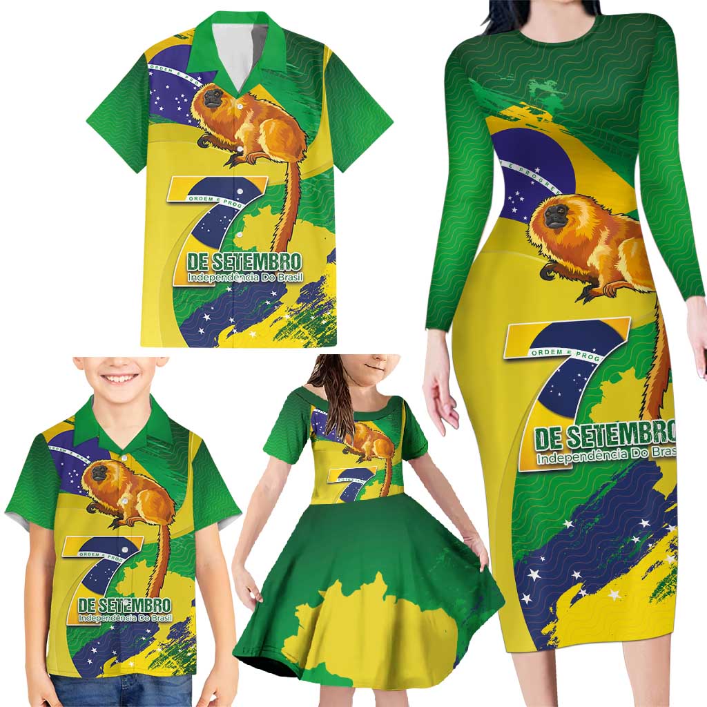 Brazil Independence Day Family Matching Long Sleeve Bodycon Dress and Hawaiian Shirt Sete de Setembro and Golden Lion Tamarin - Wonder Print Shop