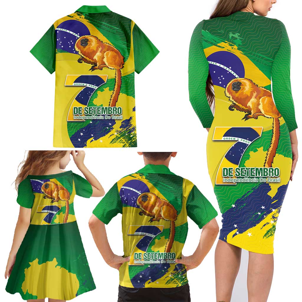Brazil Independence Day Family Matching Long Sleeve Bodycon Dress and Hawaiian Shirt Sete de Setembro and Golden Lion Tamarin - Wonder Print Shop