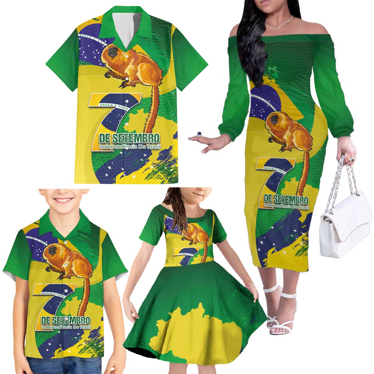 Brazil Independence Day Family Matching Off The Shoulder Long Sleeve Dress and Hawaiian Shirt Sete de Setembro and Golden Lion Tamarin - Wonder Print Shop