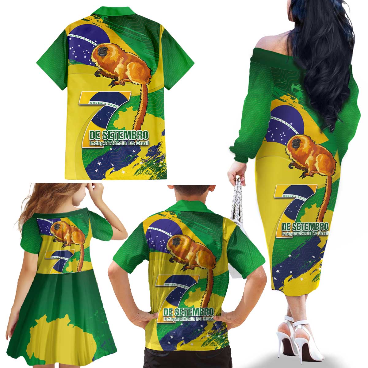 Brazil Independence Day Family Matching Off The Shoulder Long Sleeve Dress and Hawaiian Shirt Sete de Setembro and Golden Lion Tamarin - Wonder Print Shop