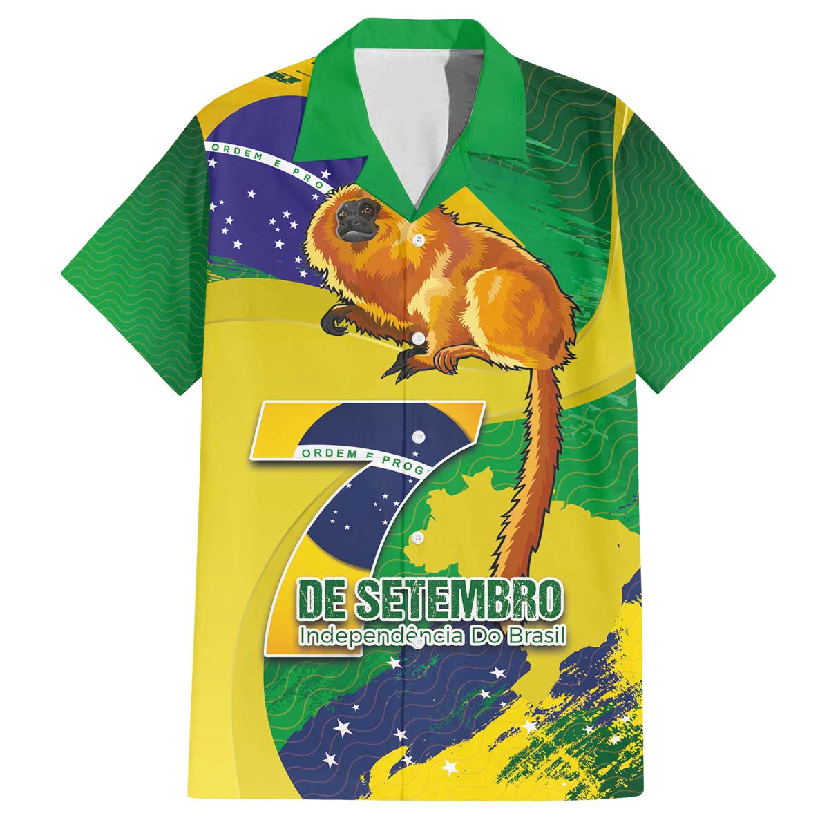 Brazil Independence Day Family Matching Off The Shoulder Long Sleeve Dress and Hawaiian Shirt Sete de Setembro and Golden Lion Tamarin - Wonder Print Shop
