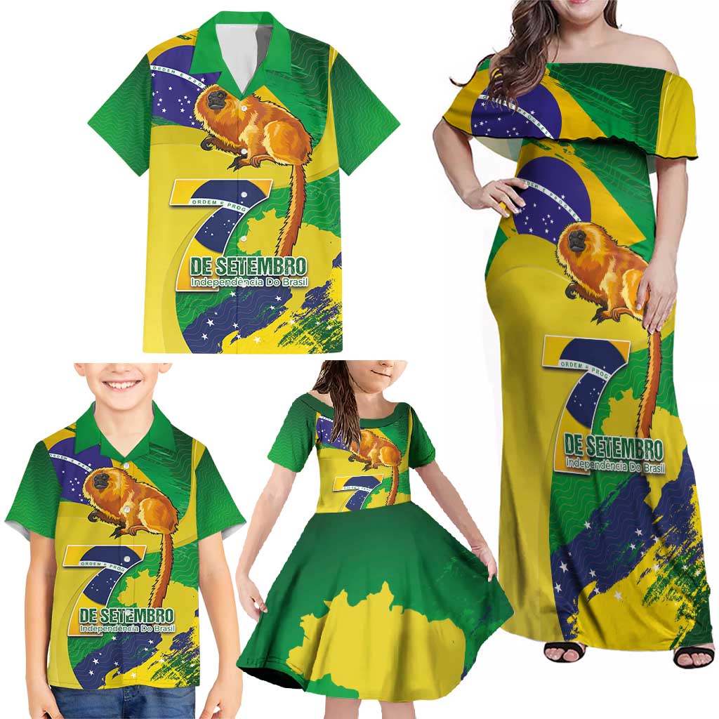 Brazil Independence Day Family Matching Off Shoulder Maxi Dress and Hawaiian Shirt Sete de Setembro and Golden Lion Tamarin - Wonder Print Shop