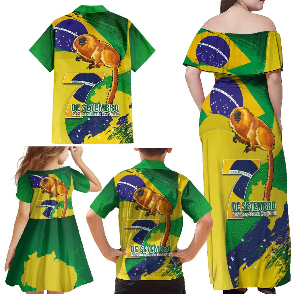 Brazil Independence Day Family Matching Off Shoulder Maxi Dress and Hawaiian Shirt Sete de Setembro and Golden Lion Tamarin - Wonder Print Shop