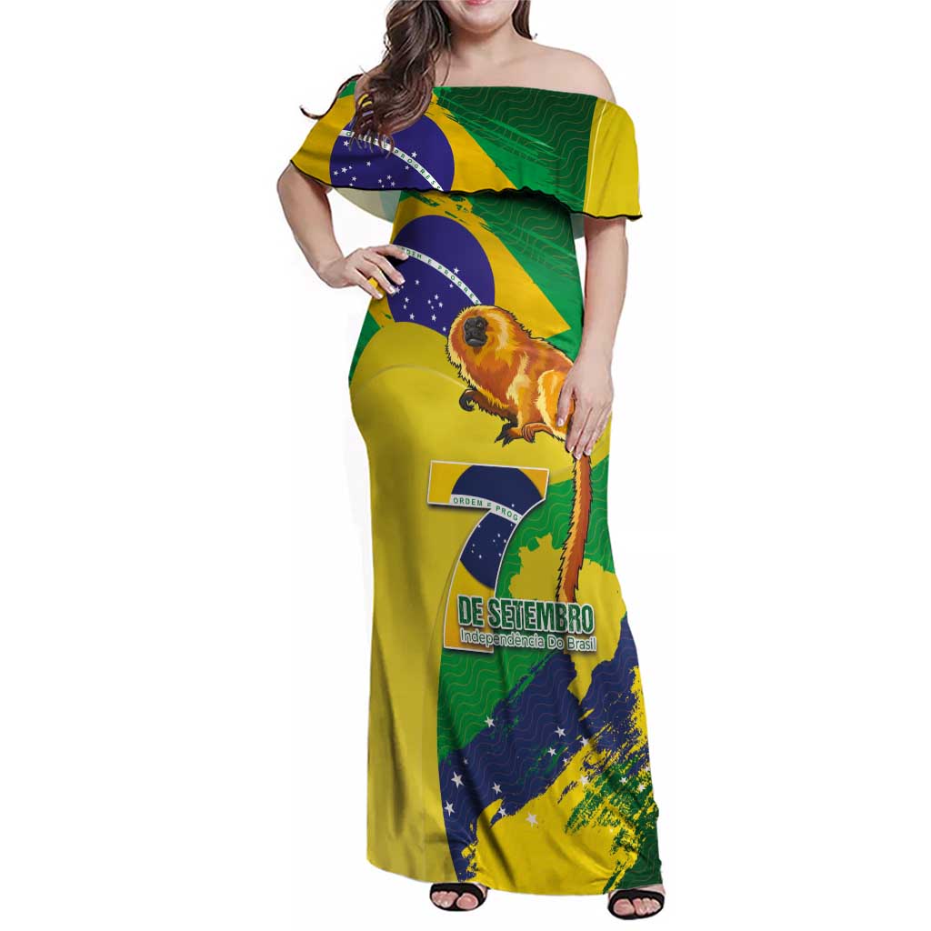 Brazil Independence Day Family Matching Off Shoulder Maxi Dress and Hawaiian Shirt Sete de Setembro and Golden Lion Tamarin - Wonder Print Shop