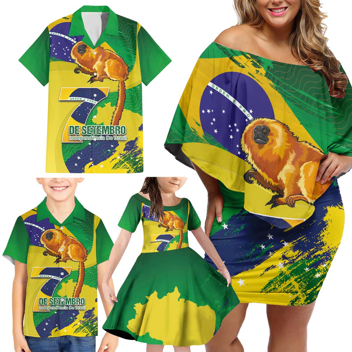 Brazil Independence Day Family Matching Off Shoulder Short Dress and Hawaiian Shirt Sete de Setembro and Golden Lion Tamarin - Wonder Print Shop