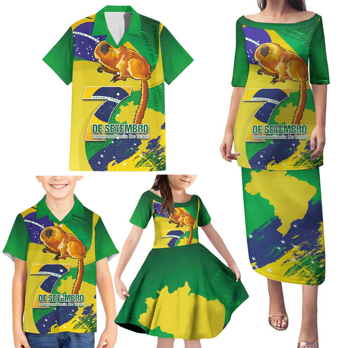 Brazil Independence Day Family Matching Puletasi and Hawaiian Shirt Sete de Setembro and Golden Lion Tamarin - Wonder Print Shop