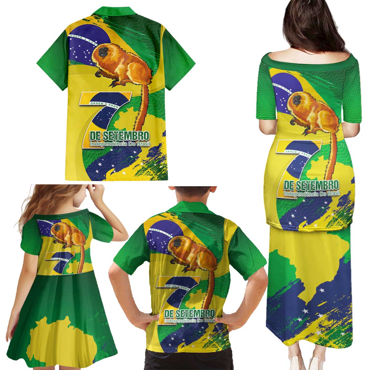Brazil Independence Day Family Matching Puletasi and Hawaiian Shirt Sete de Setembro and Golden Lion Tamarin - Wonder Print Shop