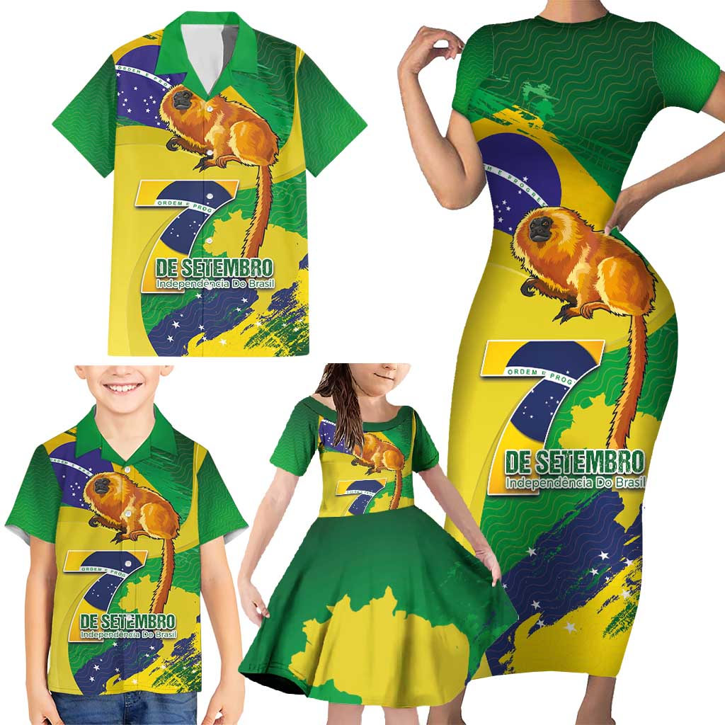 Brazil Independence Day Family Matching Short Sleeve Bodycon Dress and Hawaiian Shirt Sete de Setembro and Golden Lion Tamarin - Wonder Print Shop