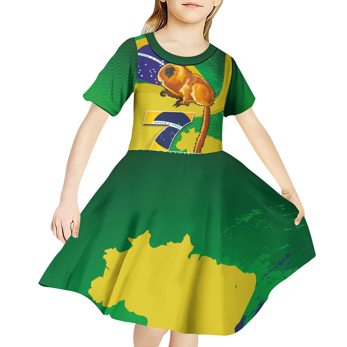 Brazil Independence Day Kid Short Sleeve Dress Sete de Setembro and Golden Lion Tamarin - Wonder Print Shop