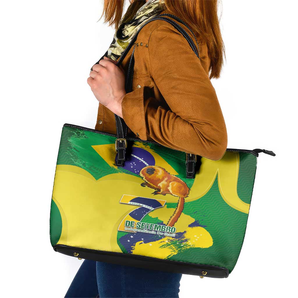 Brazil Independence Day Leather Tote Bag Sete de Setembro and Golden Lion Tamarin - Wonder Print Shop