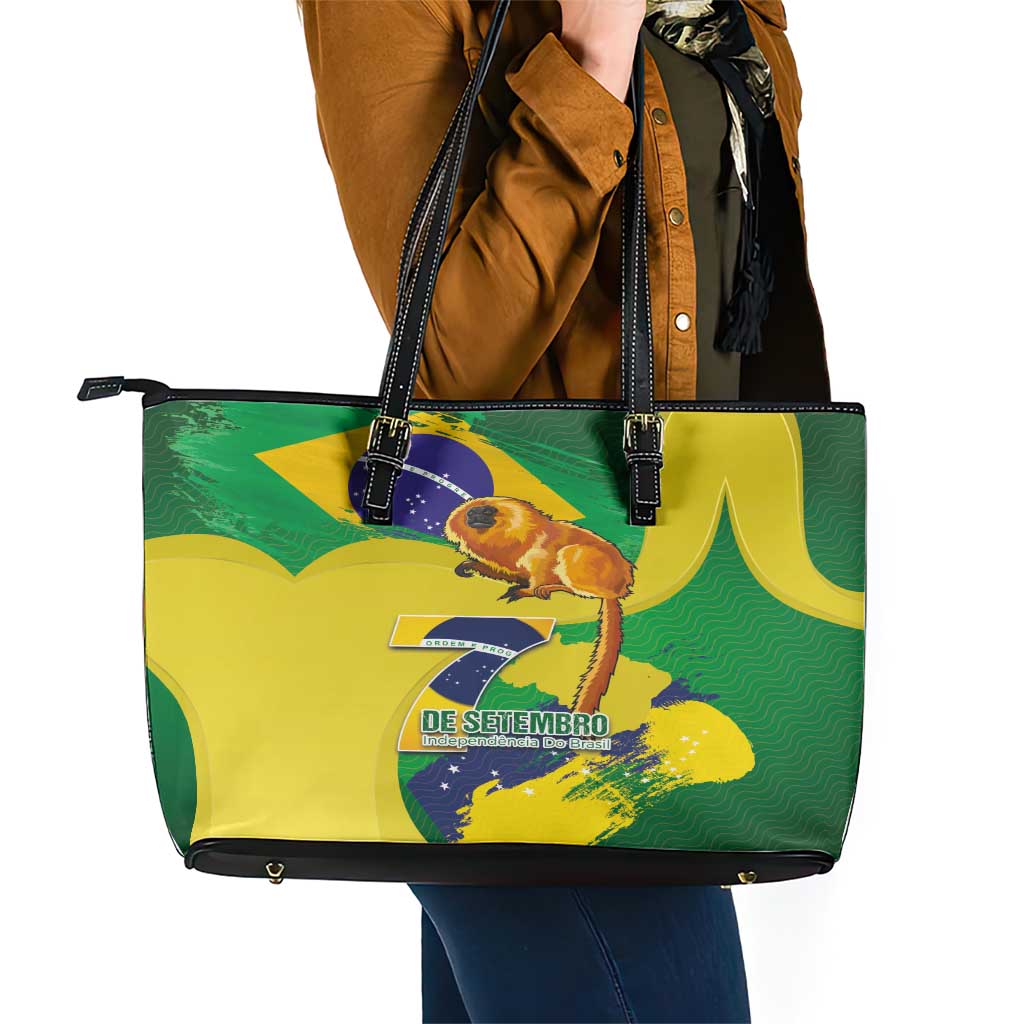 Brazil Independence Day Leather Tote Bag Sete de Setembro and Golden Lion Tamarin - Wonder Print Shop