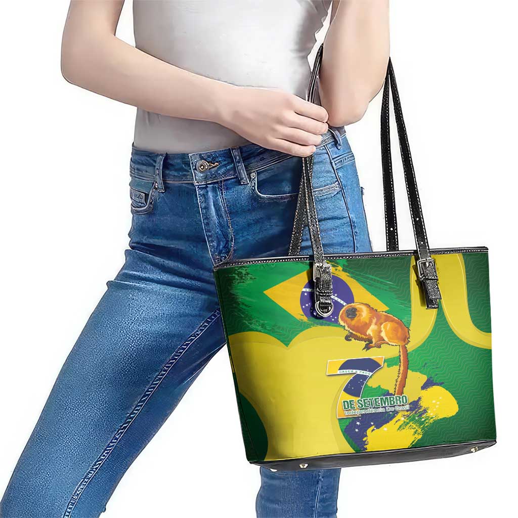 Brazil Independence Day Leather Tote Bag Sete de Setembro and Golden Lion Tamarin - Wonder Print Shop
