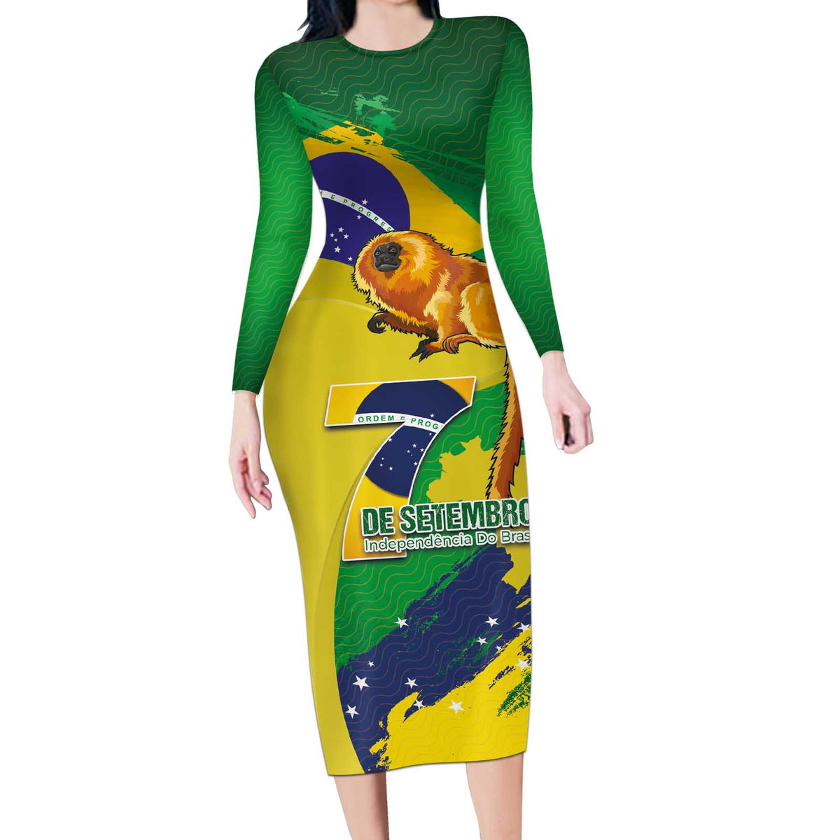 Brazil Independence Day Long Sleeve Bodycon Dress Sete de Setembro and Golden Lion Tamarin - Wonder Print Shop