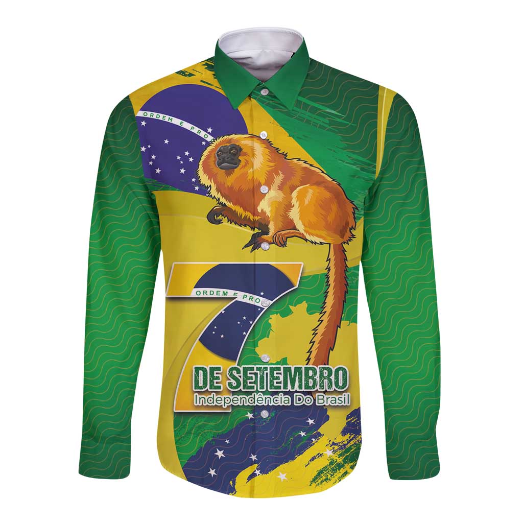 Brazil Independence Day Long Sleeve Button Shirt Sete de Setembro and Golden Lion Tamarin - Wonder Print Shop