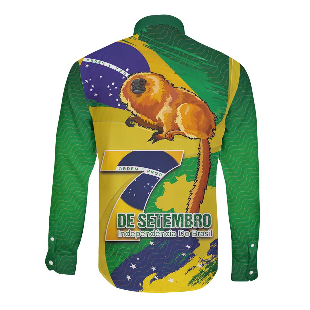 Brazil Independence Day Long Sleeve Button Shirt Sete de Setembro and Golden Lion Tamarin - Wonder Print Shop