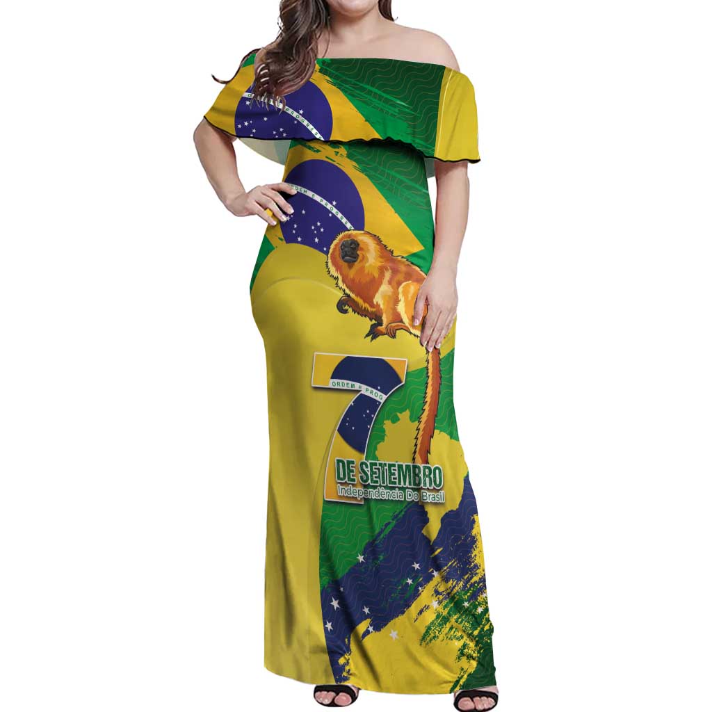 Brazil Independence Day Off Shoulder Maxi Dress Sete de Setembro and Golden Lion Tamarin - Wonder Print Shop
