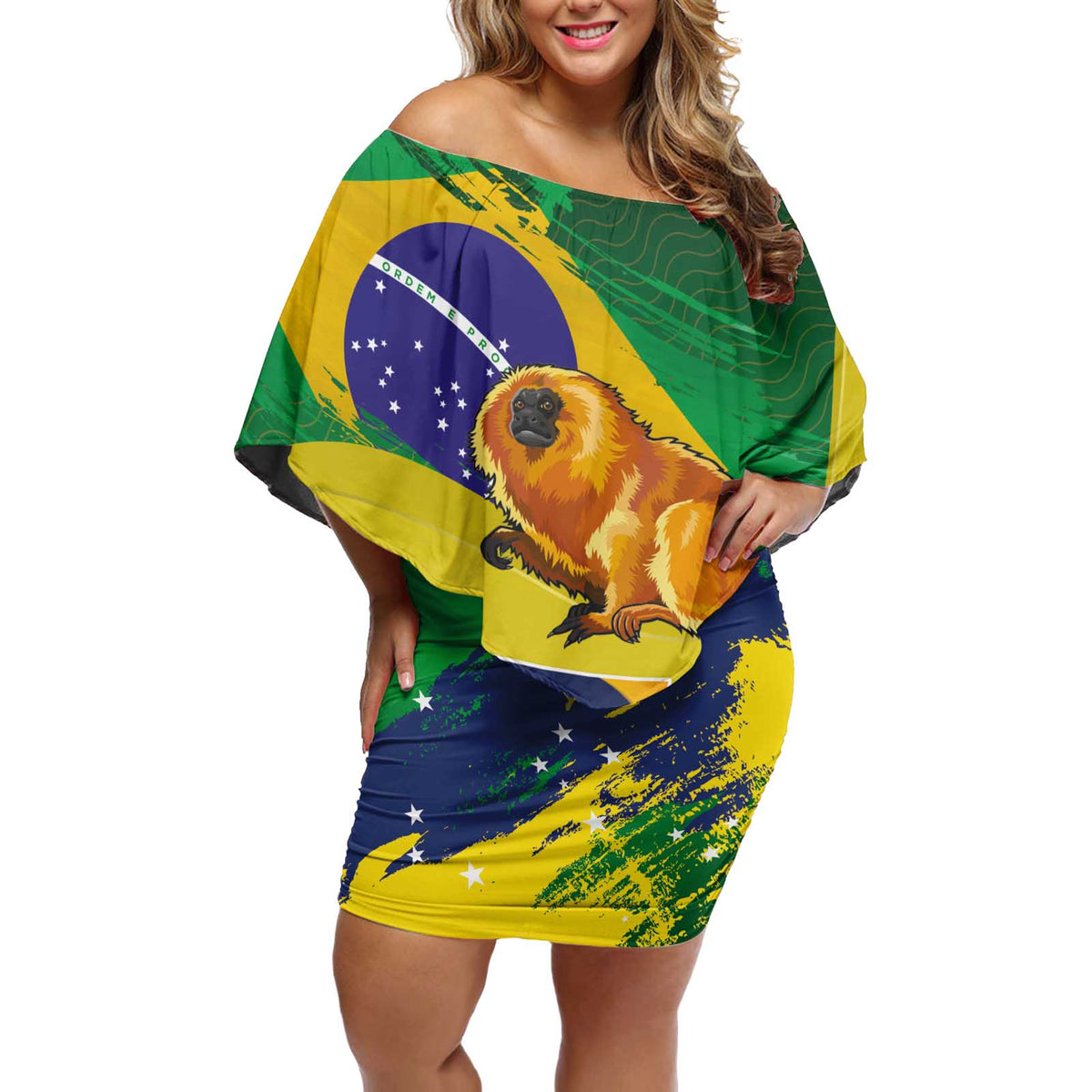 Brazil Independence Day Off Shoulder Short Dress Sete de Setembro and Golden Lion Tamarin - Wonder Print Shop
