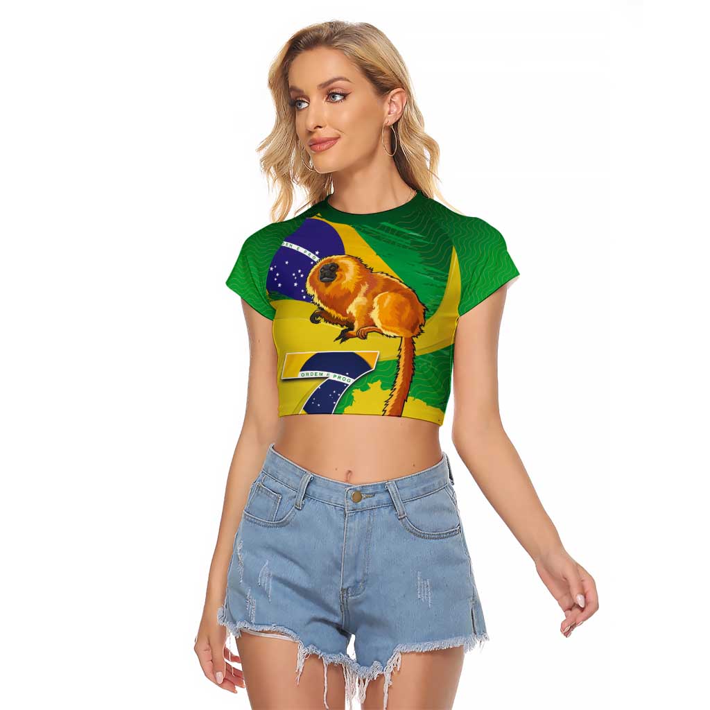 Brazil Independence Day Raglan Cropped T Shirt Sete de Setembro and Golden Lion Tamarin - Wonder Print Shop