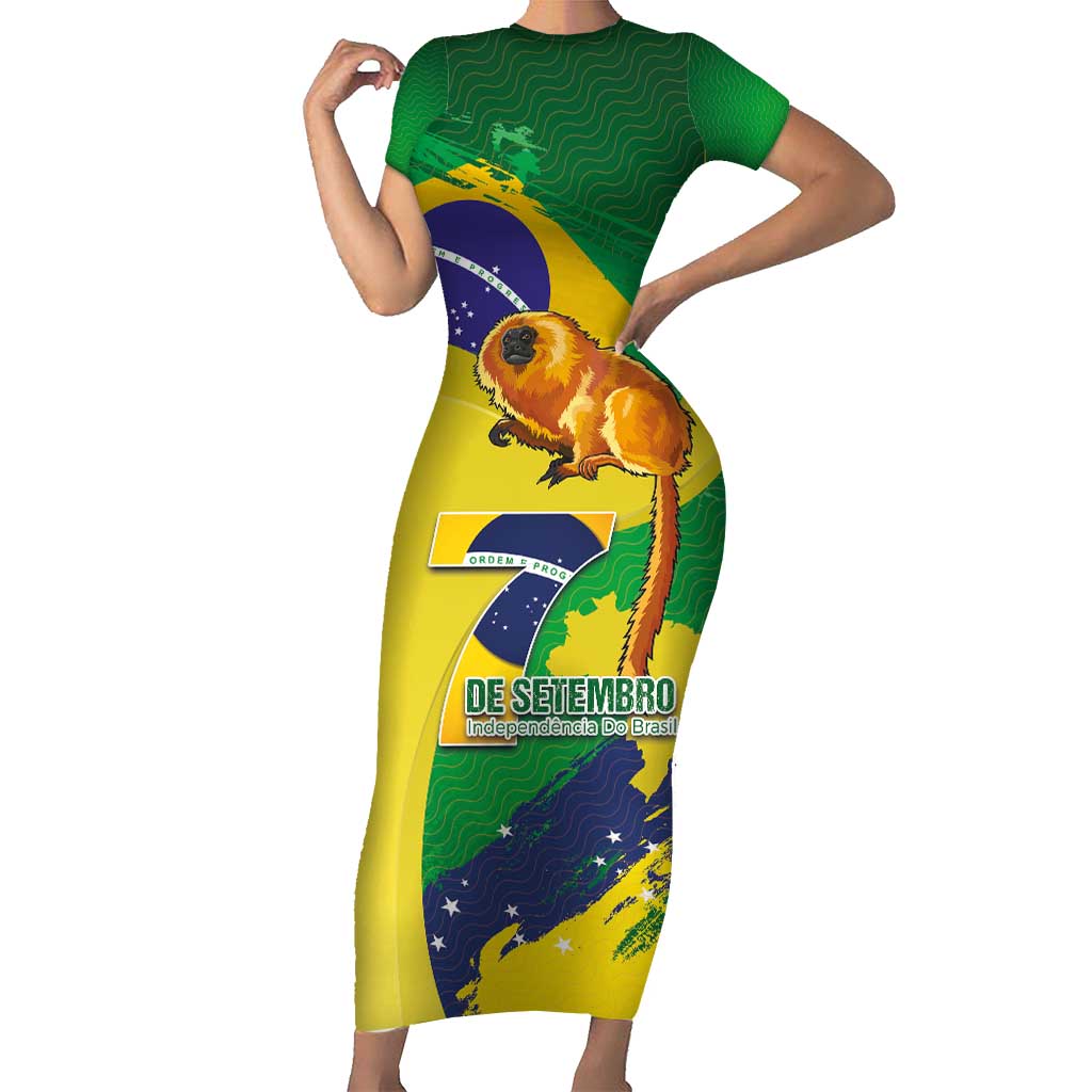 Brazil Independence Day Short Sleeve Bodycon Dress Sete de Setembro and Golden Lion Tamarin - Wonder Print Shop