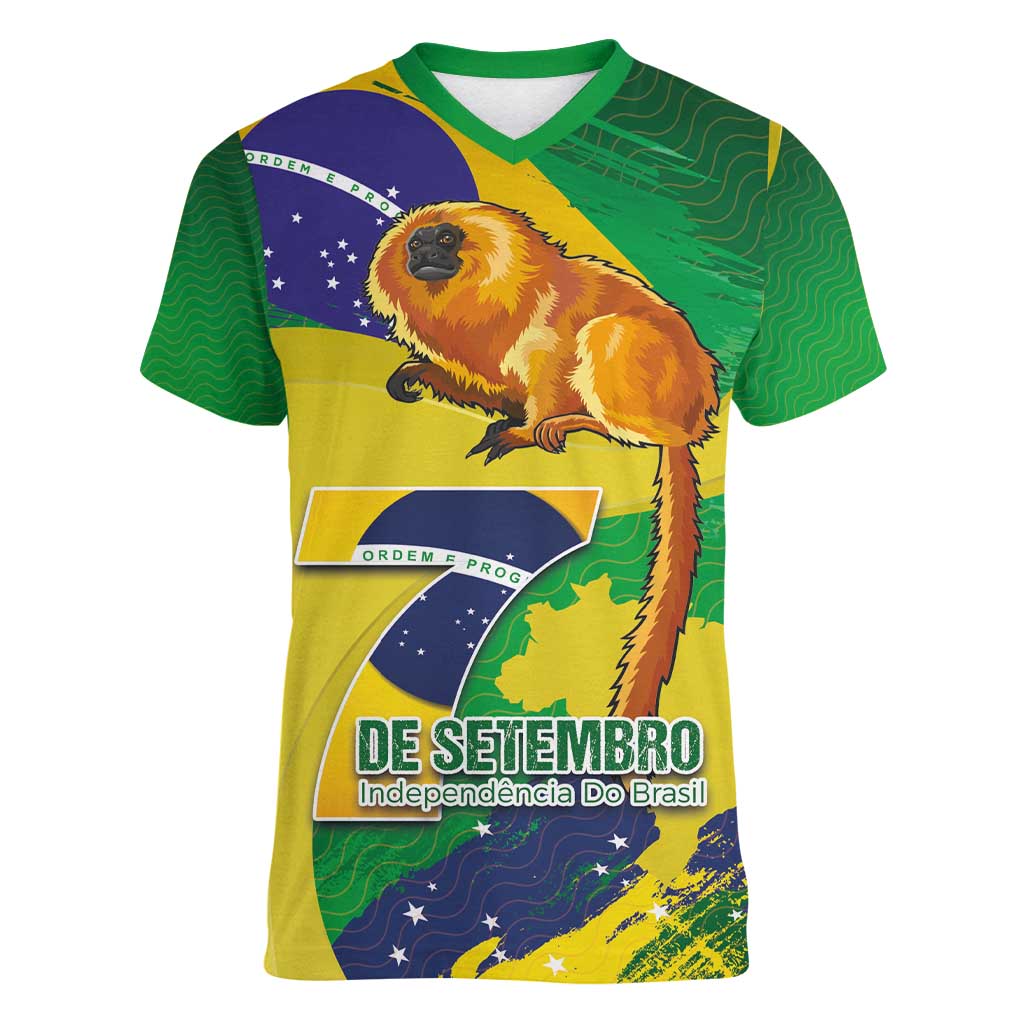 Brazil Independence Day Women V-Neck T-Shirt Sete de Setembro and Golden Lion Tamarin - Wonder Print Shop