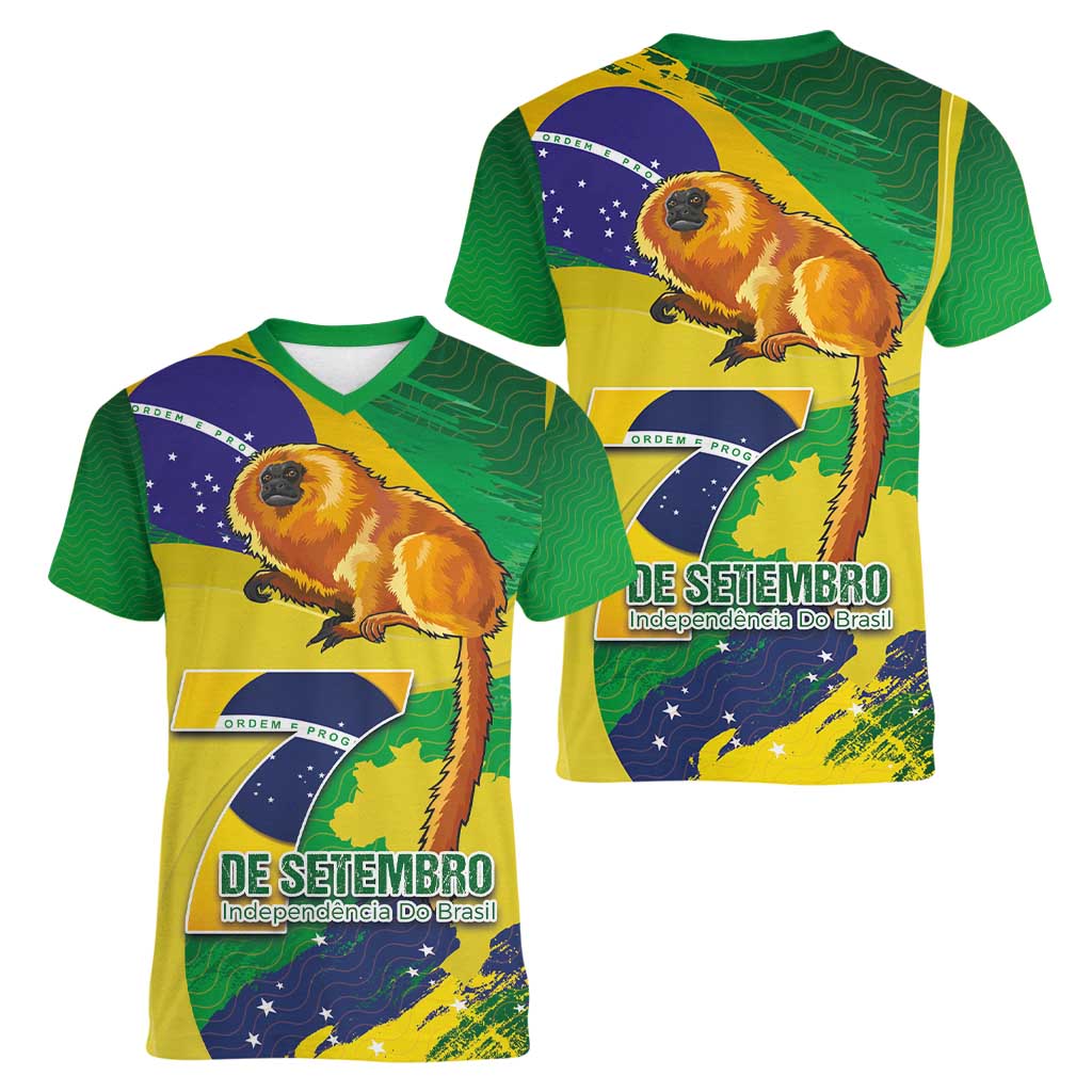 Brazil Independence Day Women V-Neck T-Shirt Sete de Setembro and Golden Lion Tamarin - Wonder Print Shop