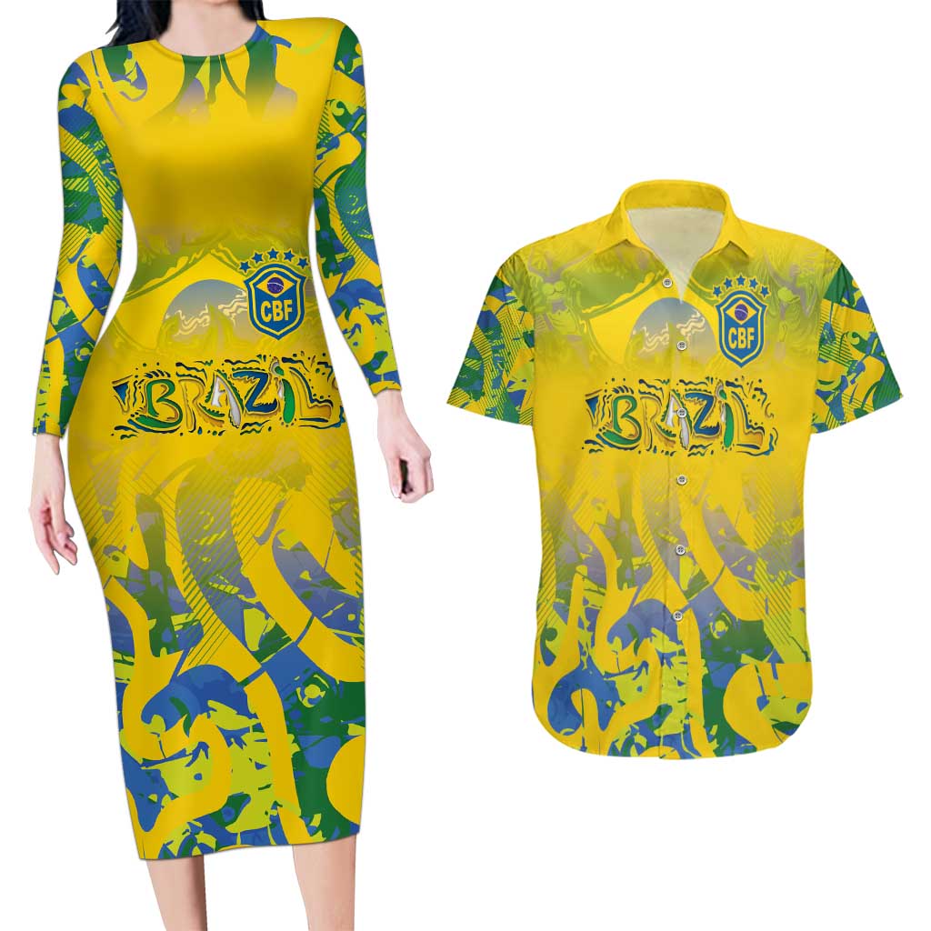 Custom Brazil Football Champion 2024 Couples Matching Long Sleeve Bodycon Dress and Hawaiian Shirt - Wonder Print Shop
